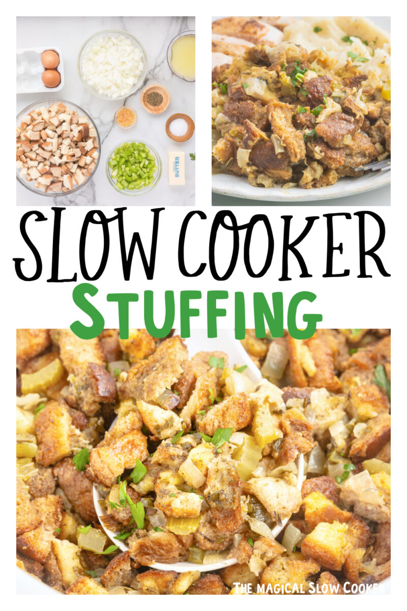 images of slow cooker stuffing with text overlay