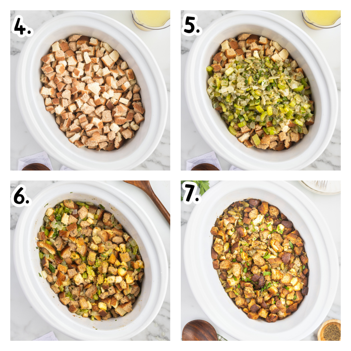 Four images showing how to add bread cubes and vegetables to slow cooker for stuffing.