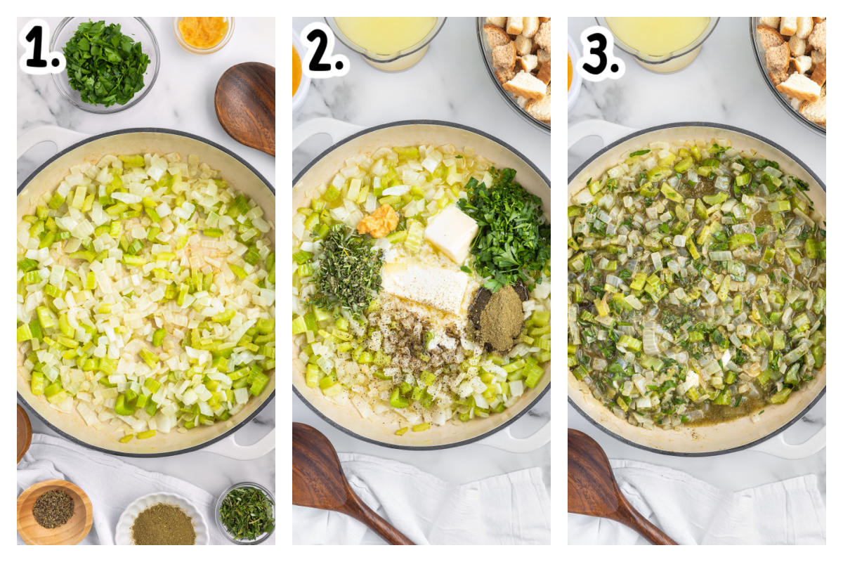 Three images showing how to make the vegetables, seasonings and butter in a skillet.
