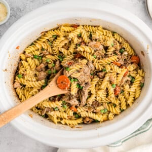 overhead shot of garlic butter chicken and pasta in a crockpot.