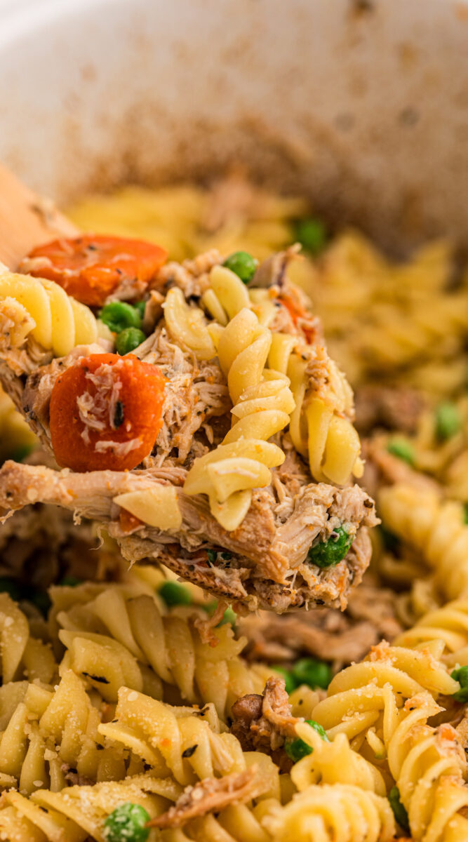 long image of crockpot garlic butter chicken and pasta.