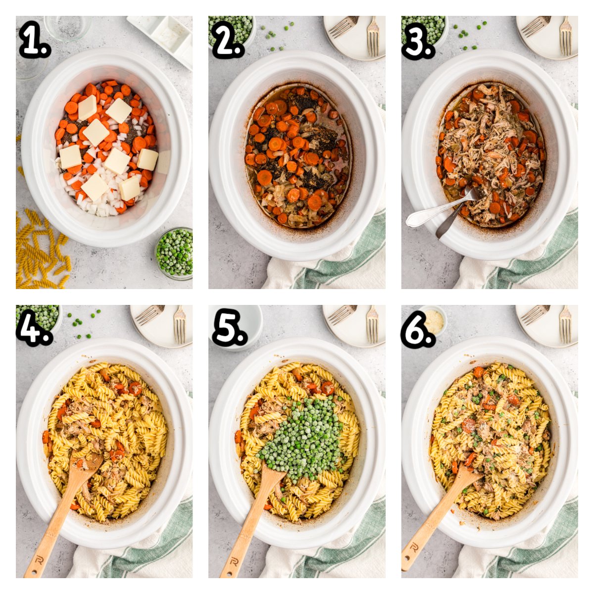 six images showing how to make garlic butter chicken and pasta in a slow cooker.