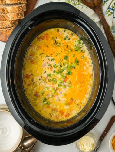 overhead of ham and potato soup in a slow cooker.