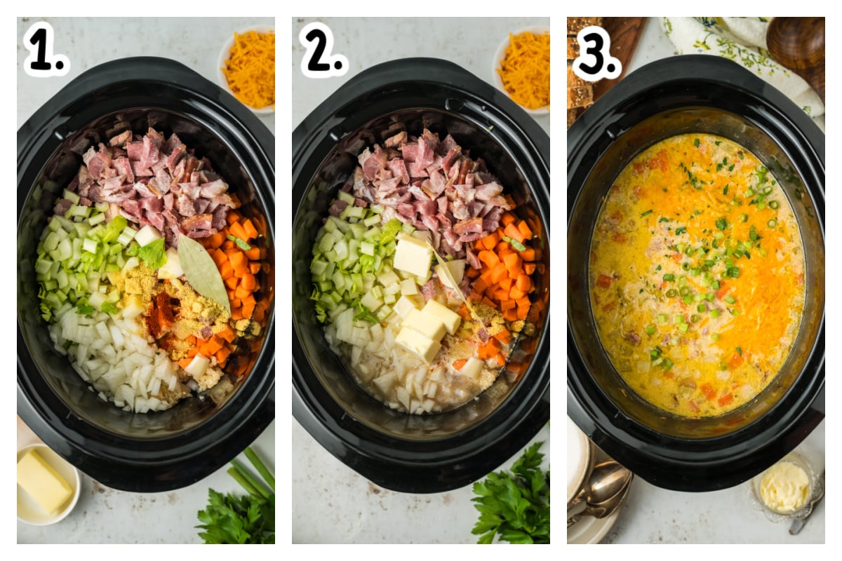 three images showing how to make slow cooker ham and potato soup.