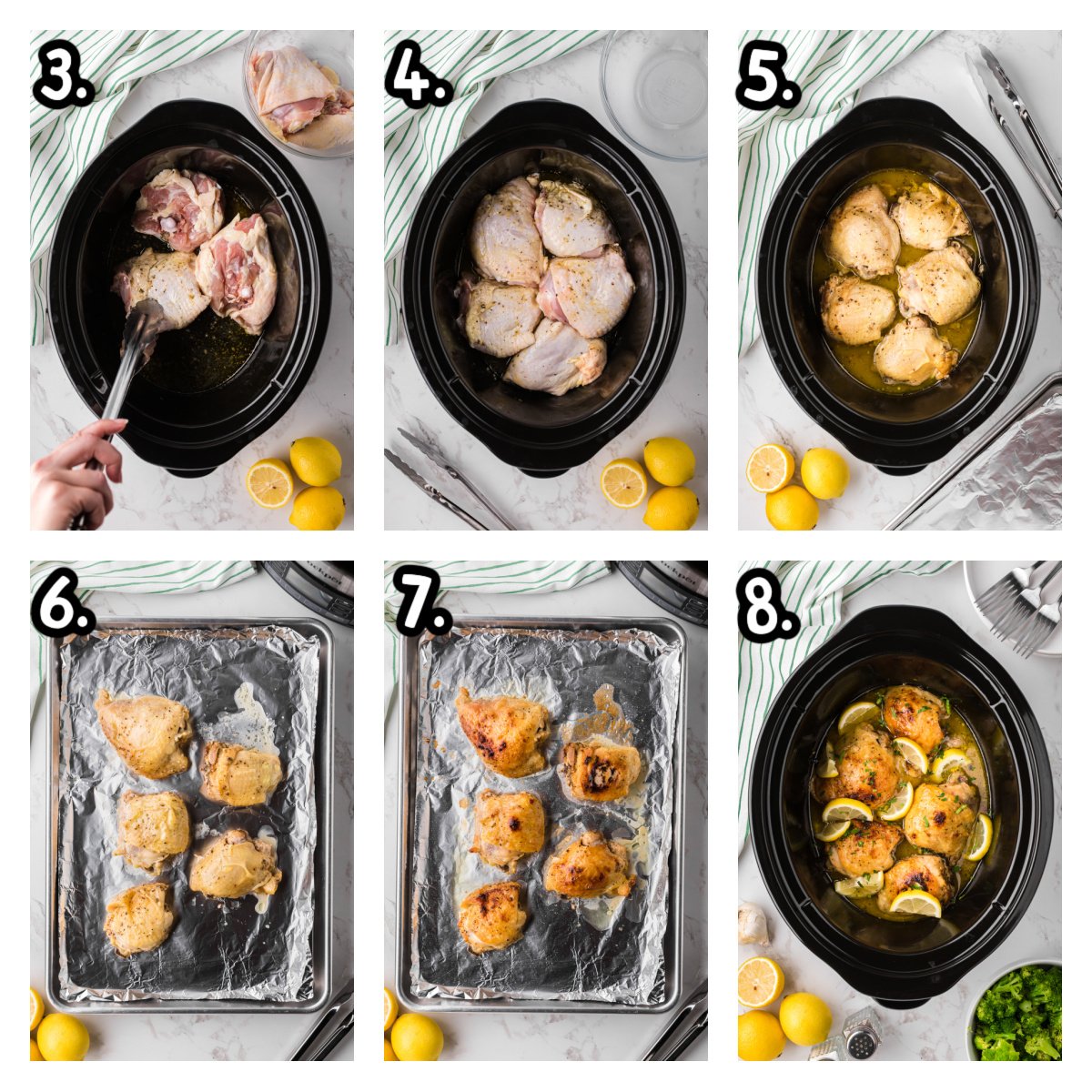 six images showing how to make lemon pepper chicken thighs in a slow cooker.