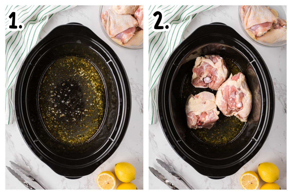 two images showing how to make lemon pepper chicken thighs in a crockpot.