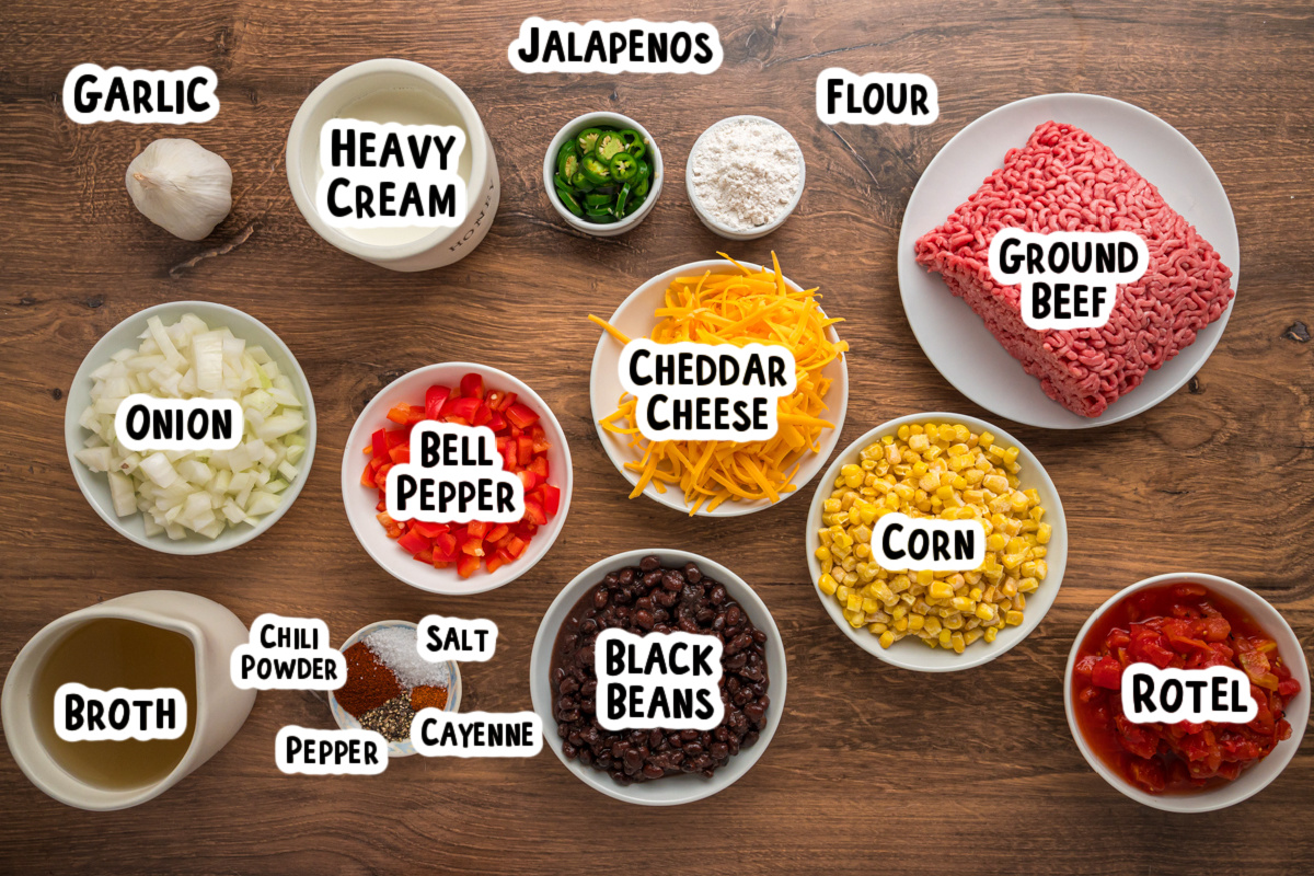 Ingredients for nacho soup on a table with text labels.