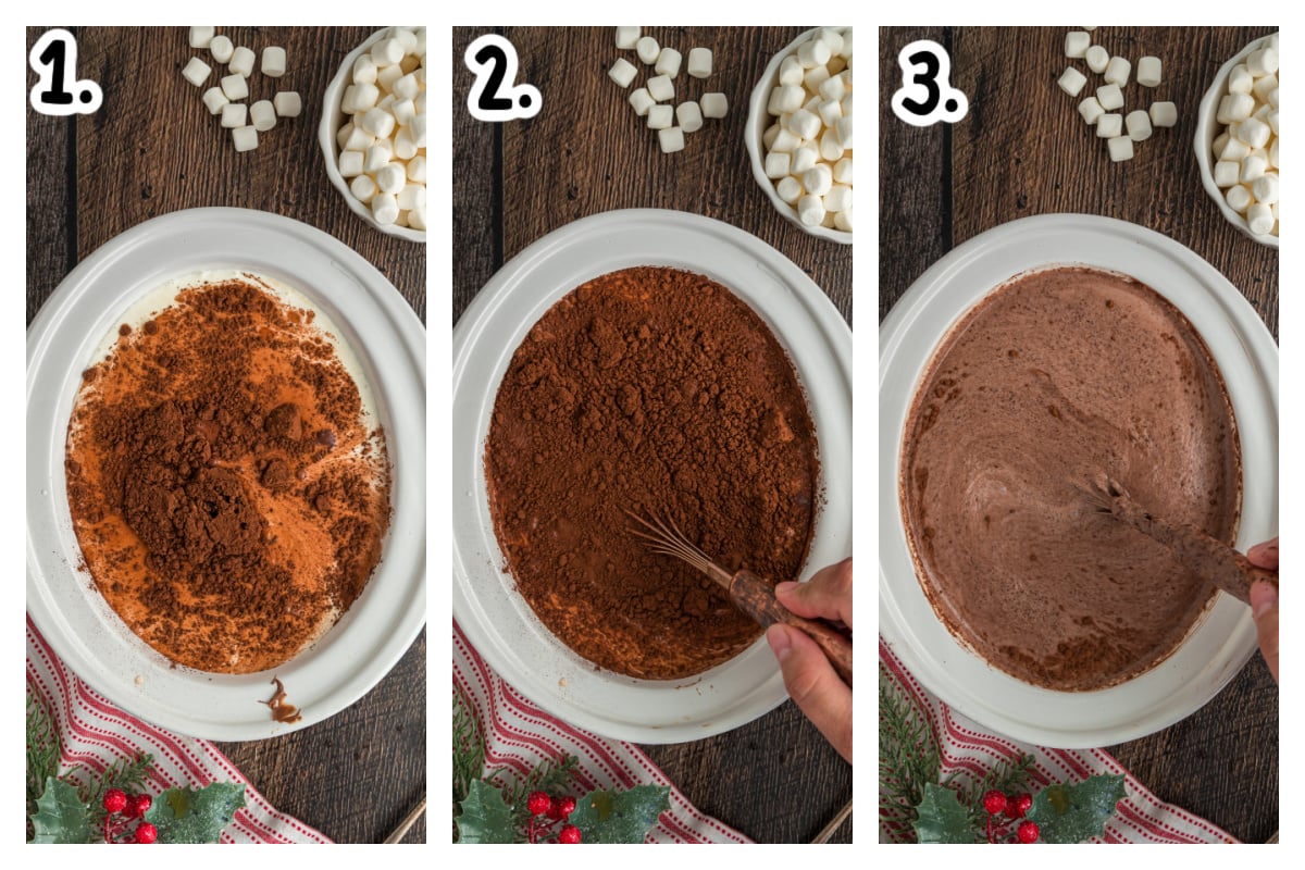 Three images showing how to make nutella hot chocolate in a crockpot.