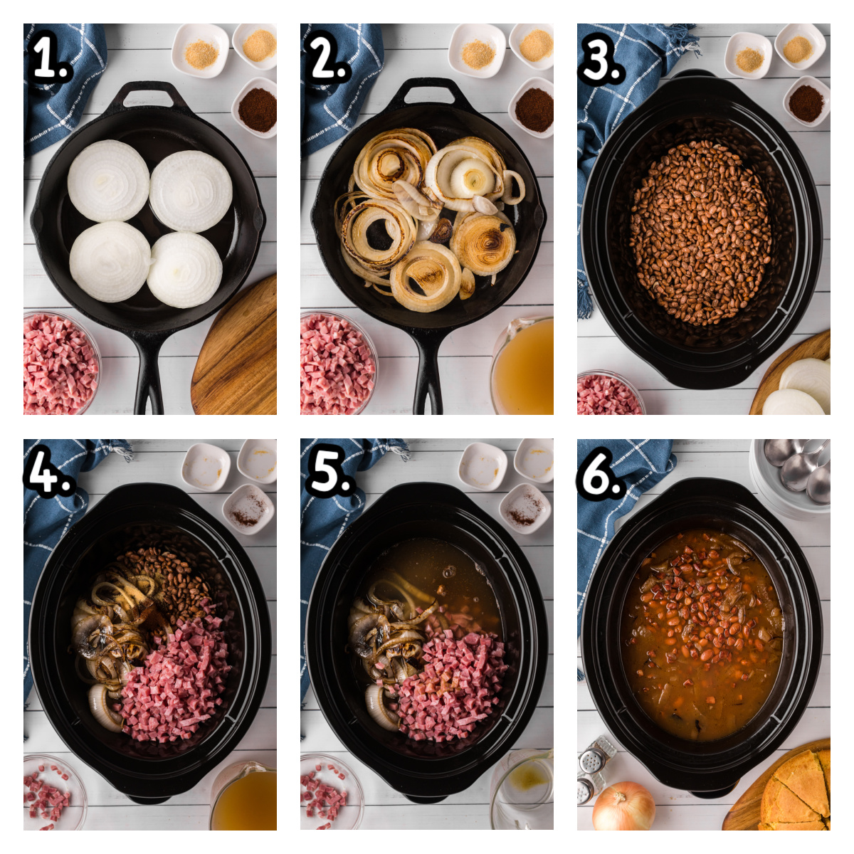 Six images showing how to make pinto beans and ham in a crockpot.