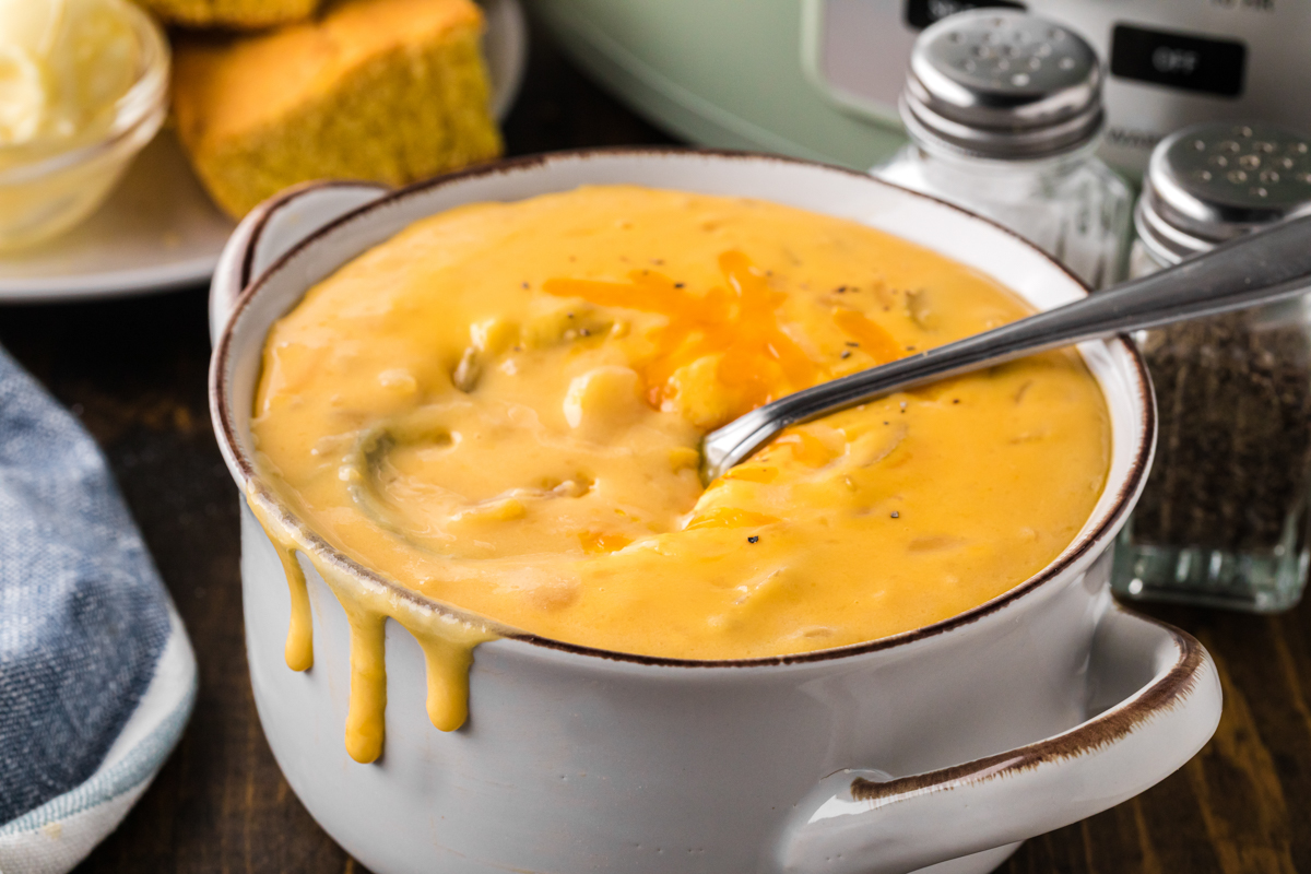 close of potato cheese soup in a bowl.