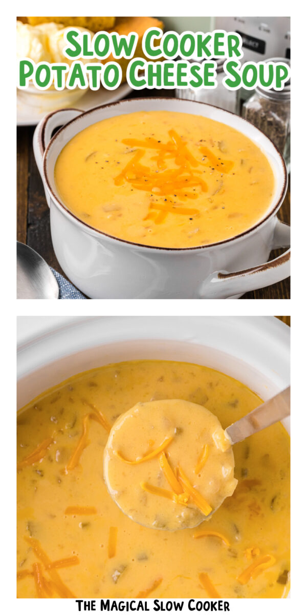 2 images of potato chese soup for pinterest.