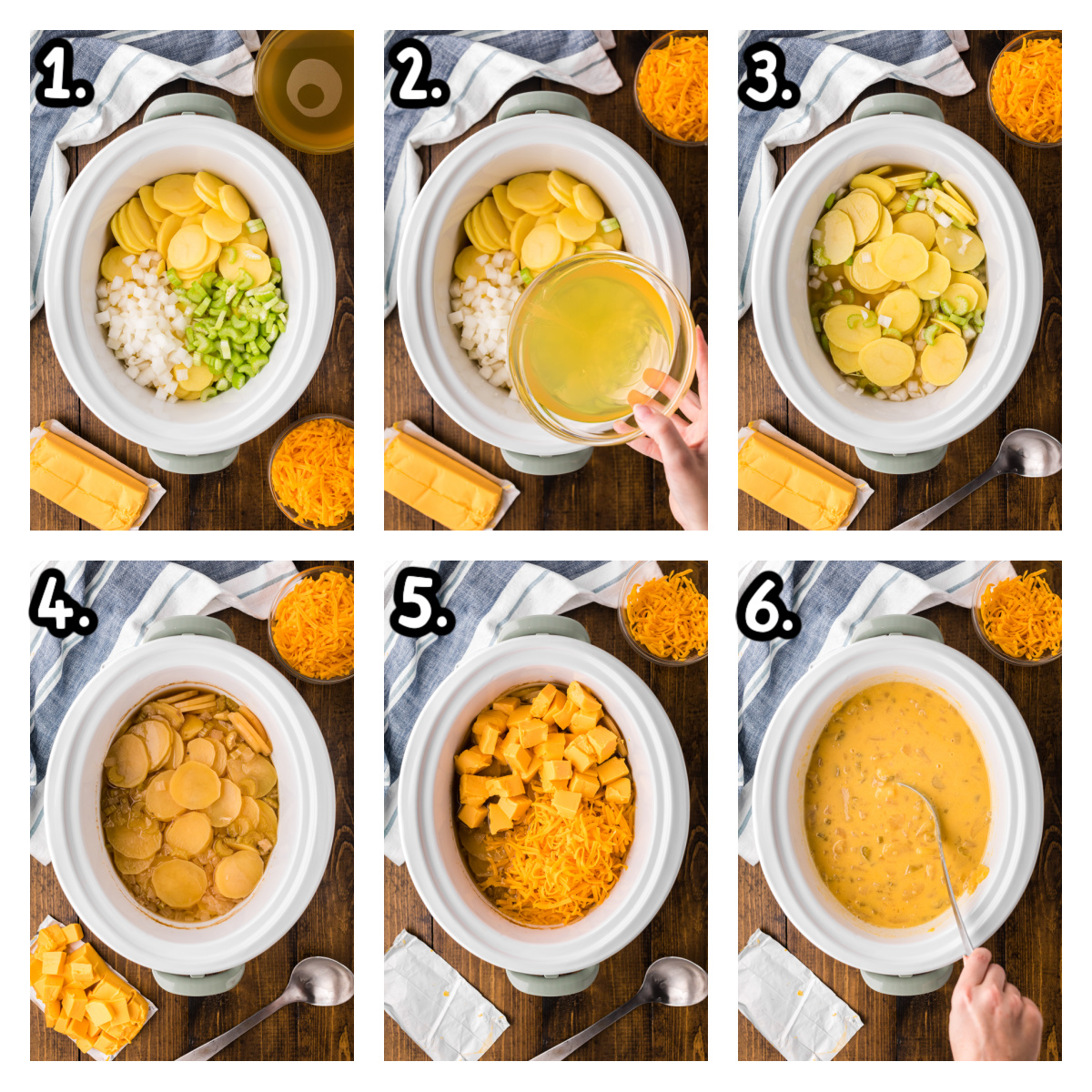 Six images of how to make potato cheese soup in a crockpot.