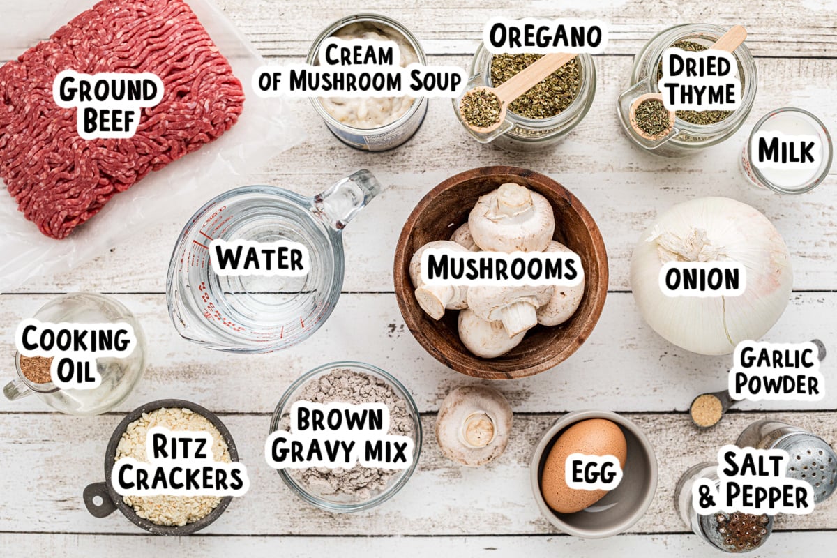 Ingredients for salsibury steak on a table with text labels.