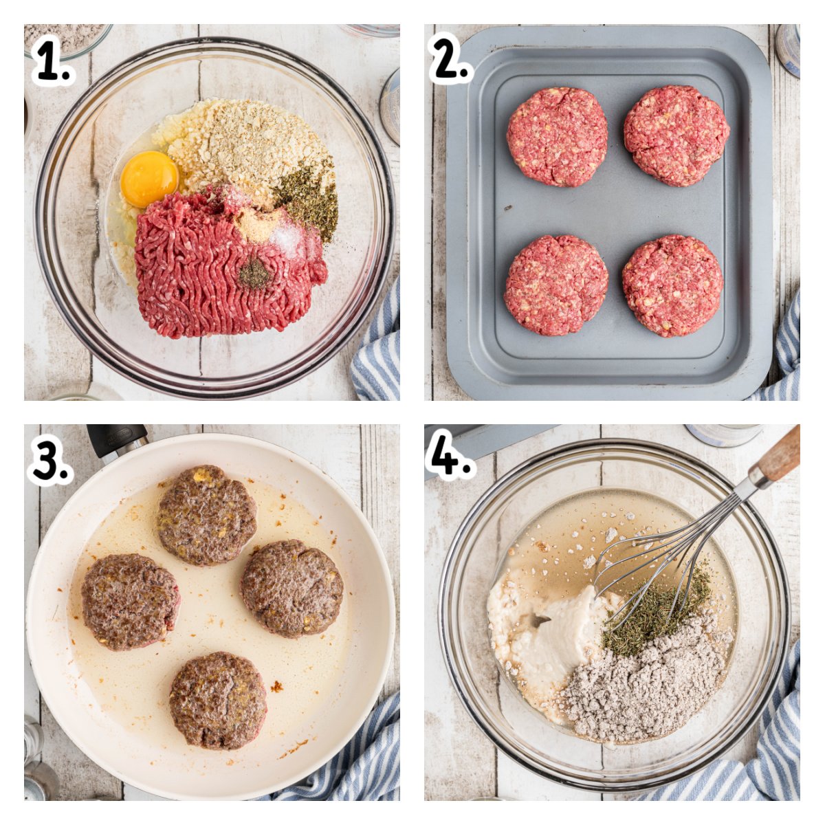 Four images showing how to make salisbury steak in a slow cooker.