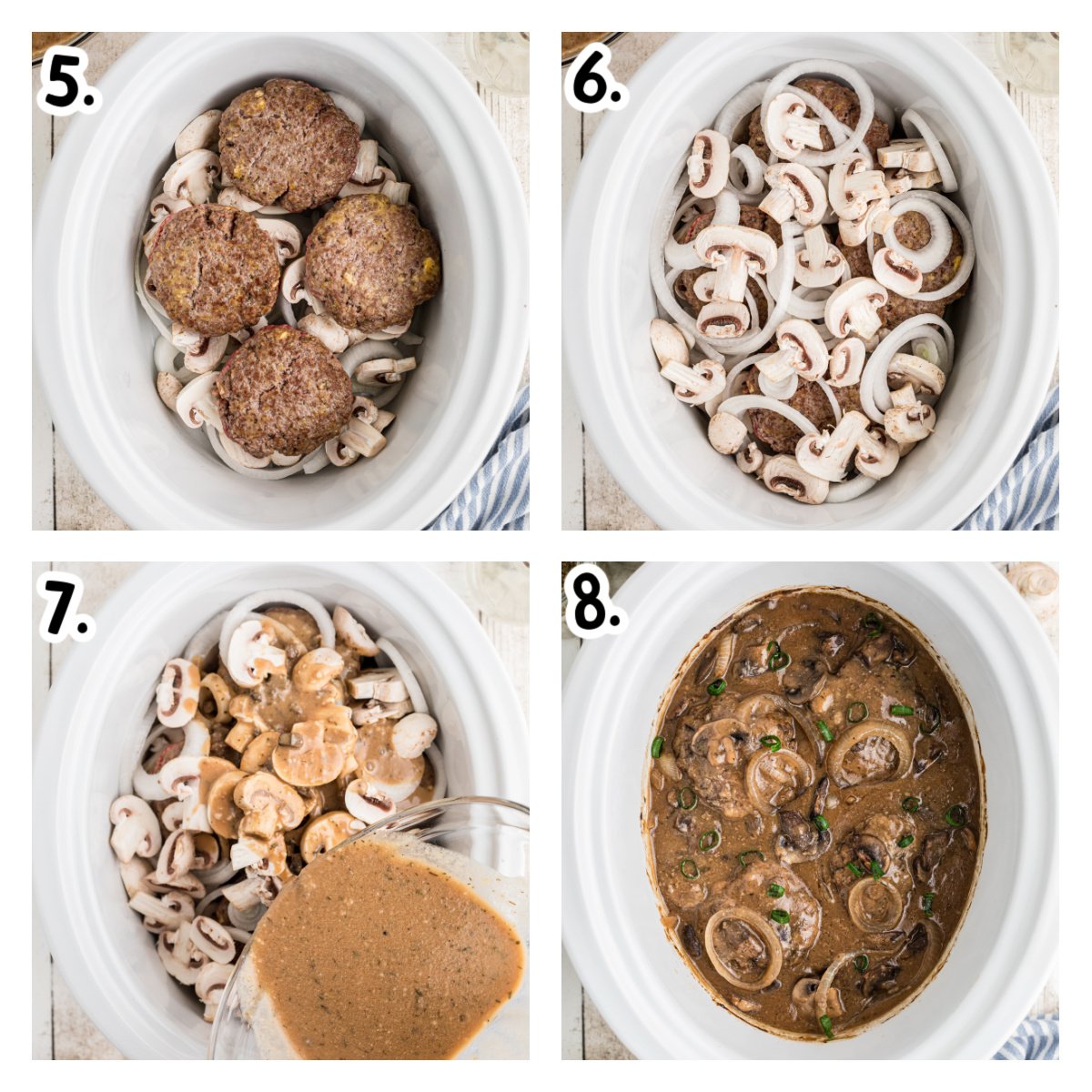 Four more images showing how to finish making salisbury steak in a slow cooker.
