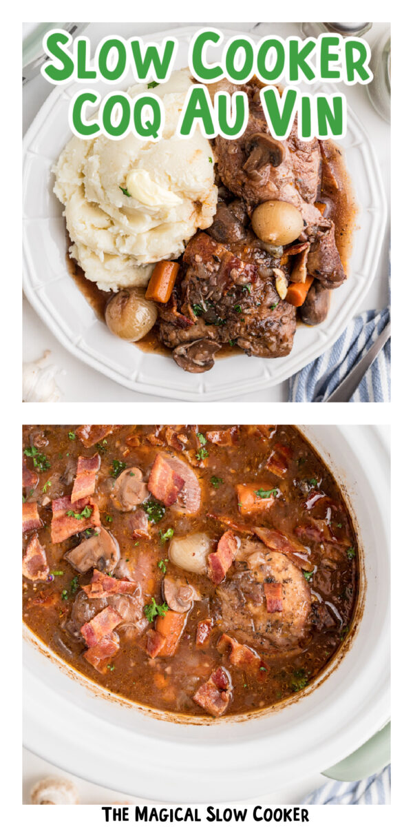two images of slow cooker coq au vin with text overlay.