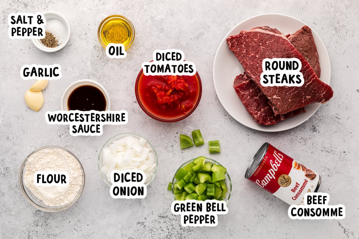 ingredients to make crockpot swiss steak on a table.