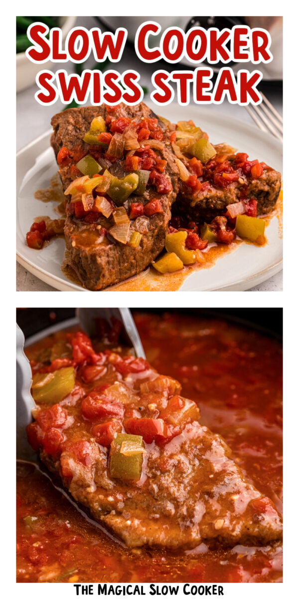 two images of slow cooker swiss steak with text overlay.