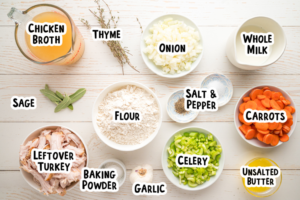 Ingredients for turkey and dumplings on a table.