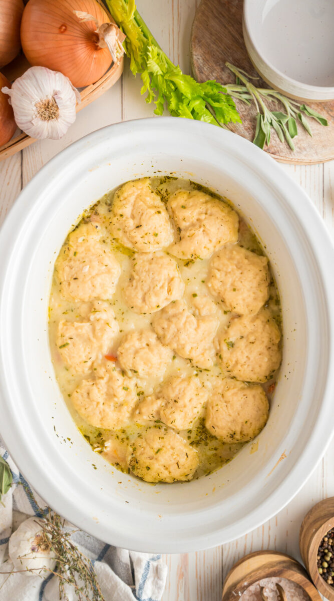Image of turkey and dumplings in a slow cooker.