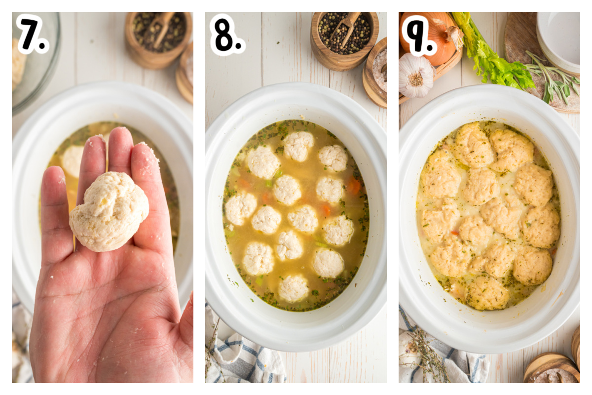 Three images showing how to make dumplings and add to turkey soup in a slow cooker.