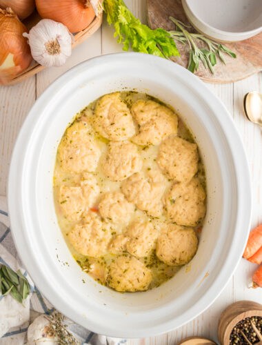 Cooked turkey and dumplings in a slow cooker.