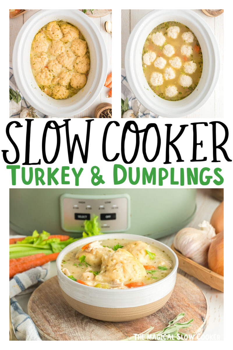 Images of turkey and dumplings with text overlay.