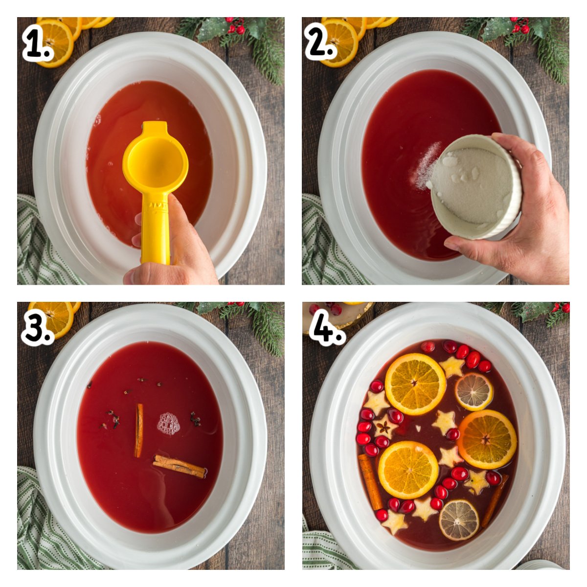 Four images showing how to make warm christmas punch in a slow cooker.