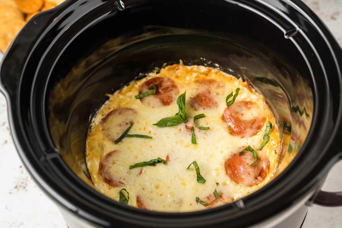 white pizza dip in a crockpot.