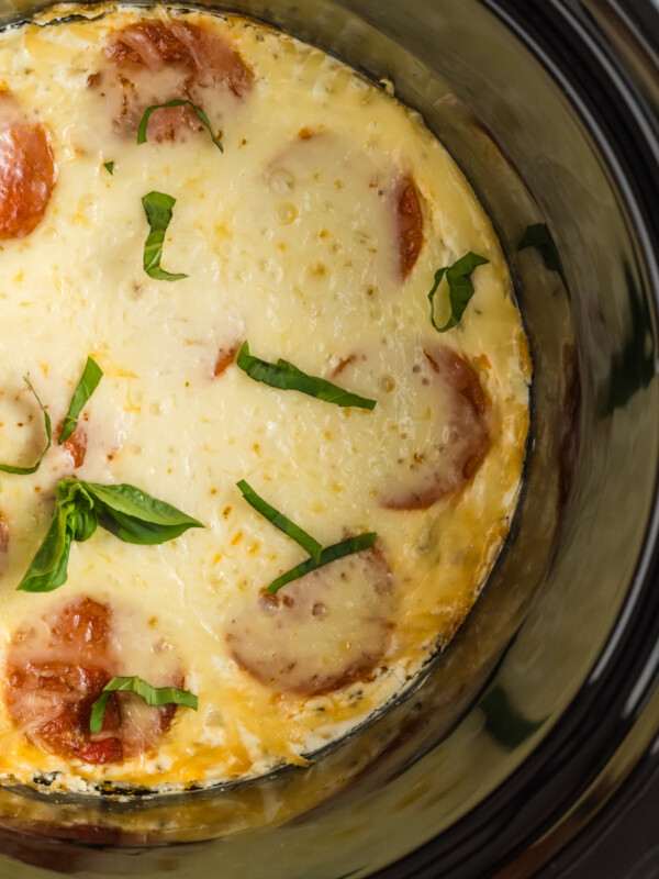 close-up overhead of white pizza dip in a slow cooker.