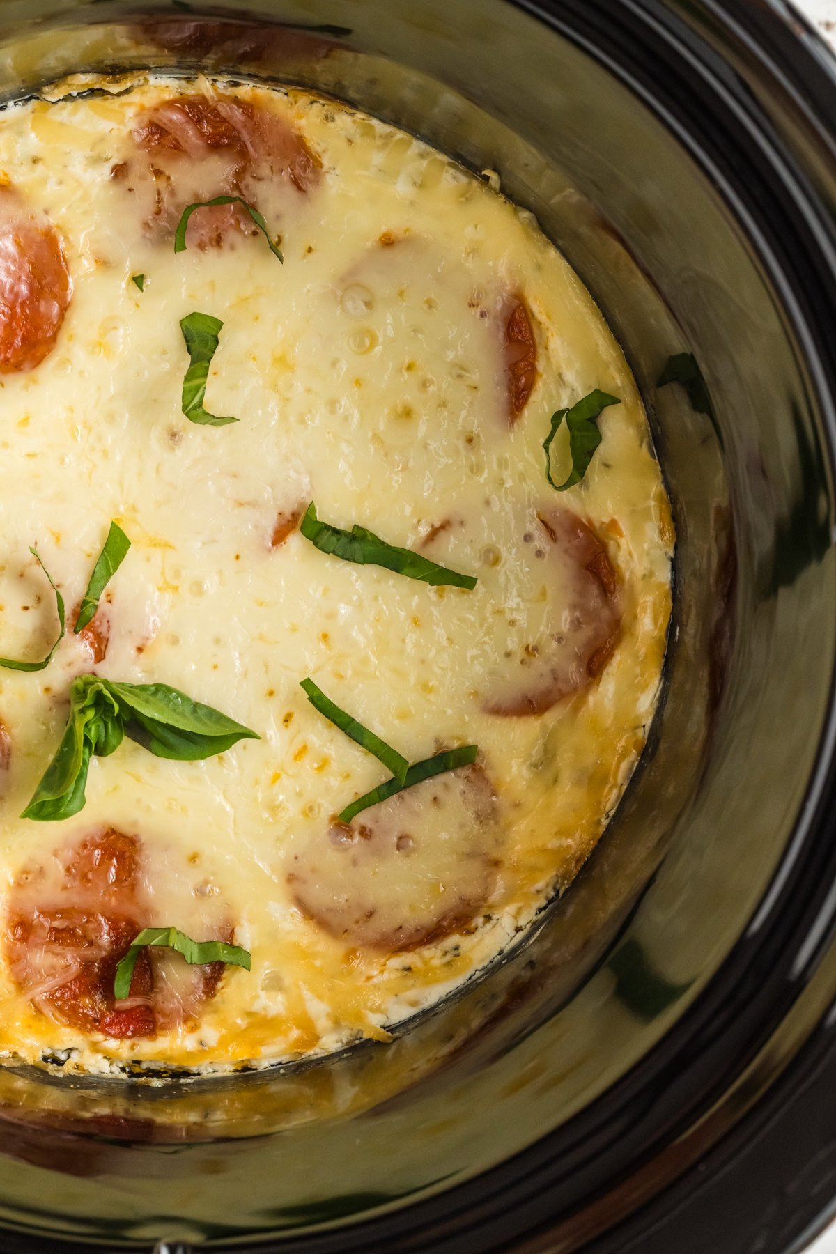 close-up overhead of white pizza dip in a slow cooker.