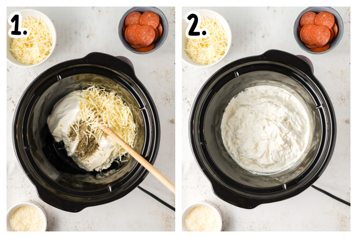 two images showing how to make slow cooker white pizza dip.