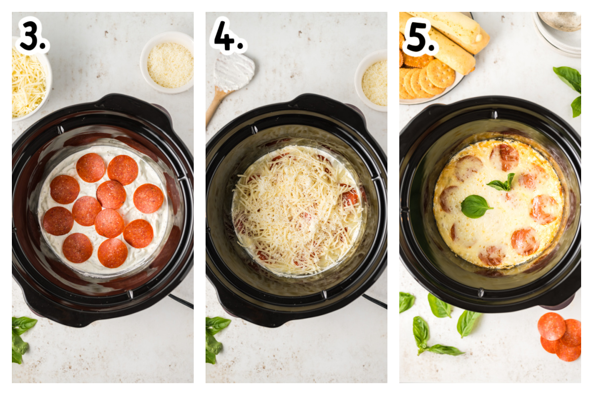 three images showing how to make white pizza dip in a crockpot.