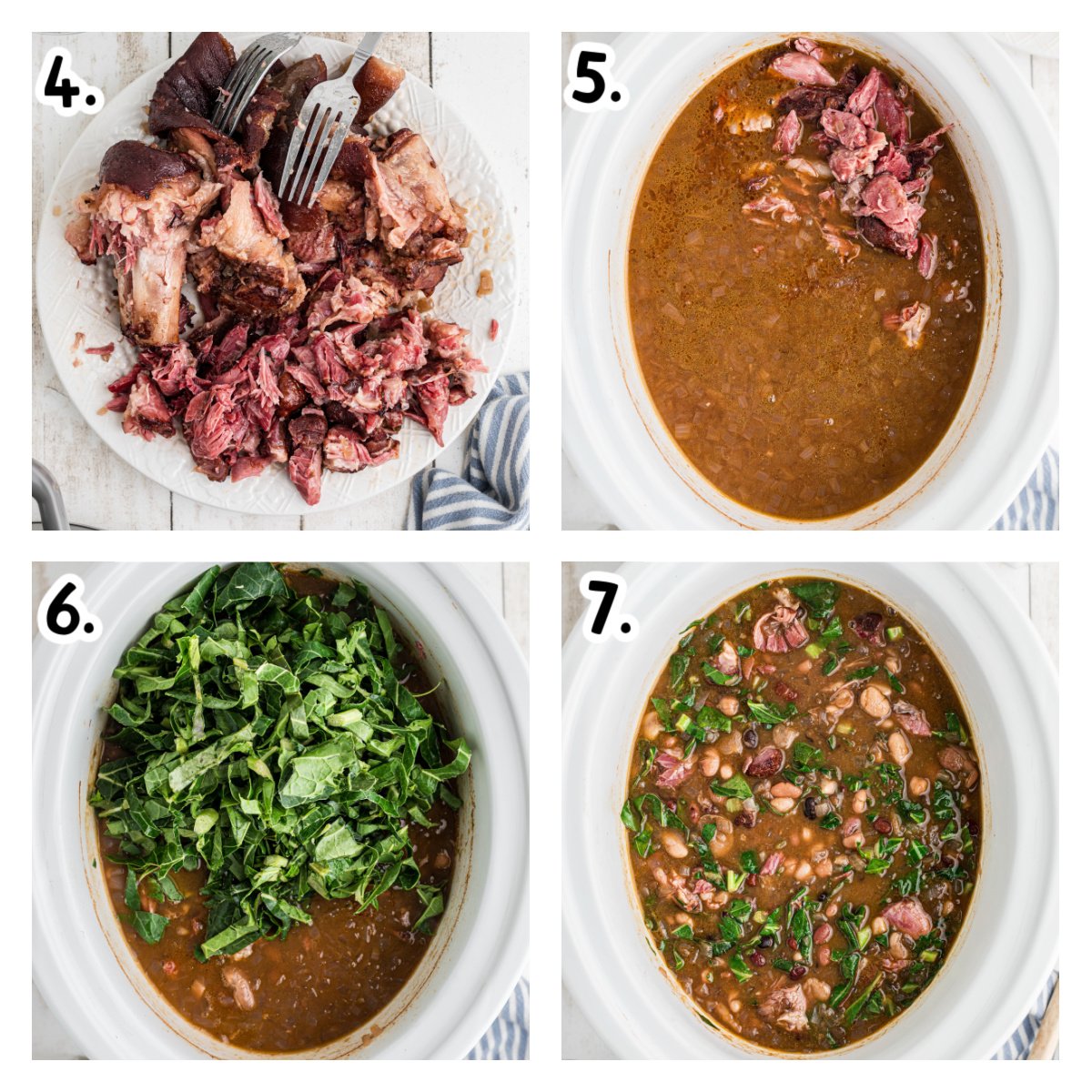 four images showing how to make slow cooker 15 bean soup with ham and collard greens.