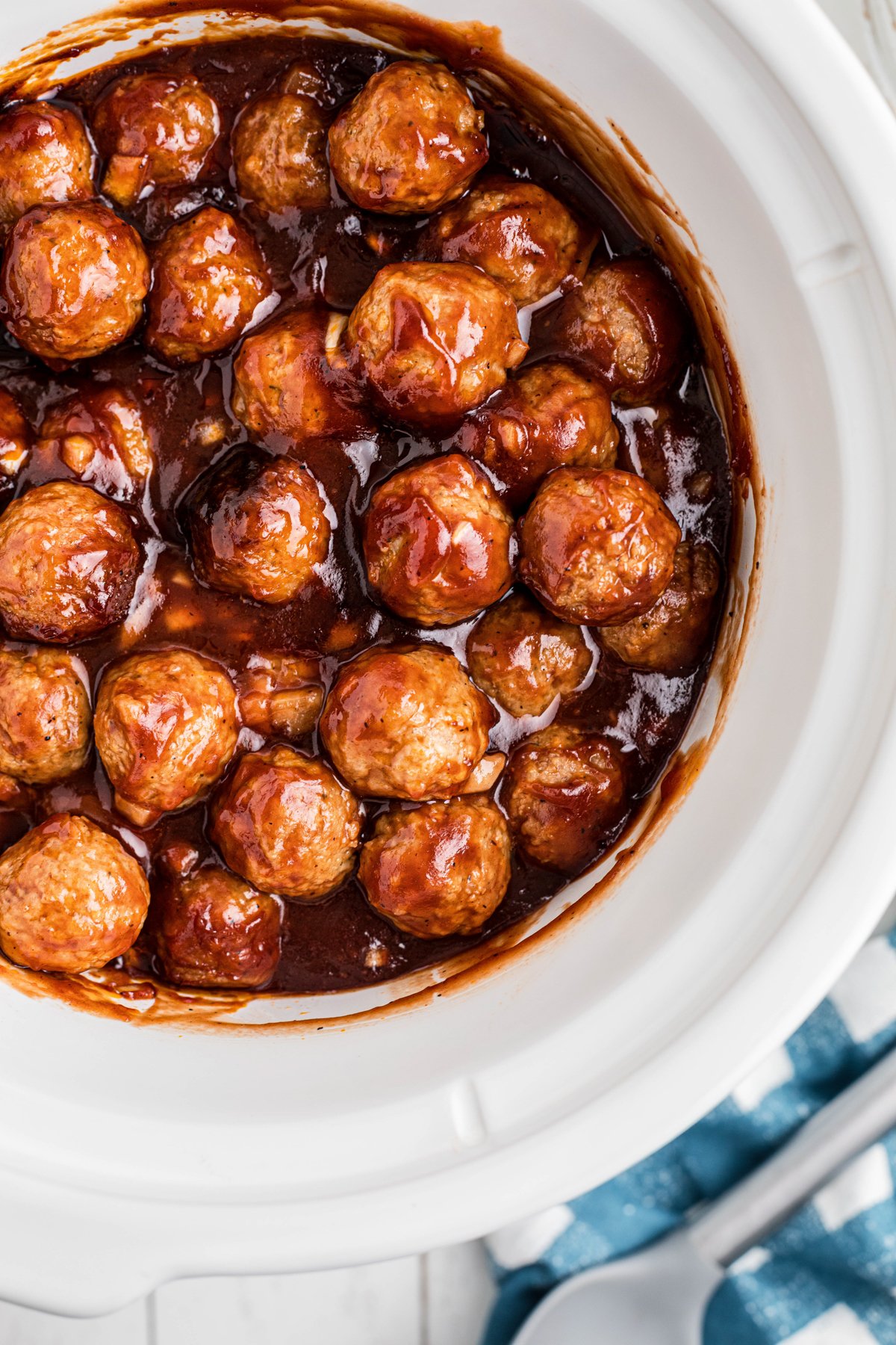 overhead shot of slow cooker bbq meatballs.