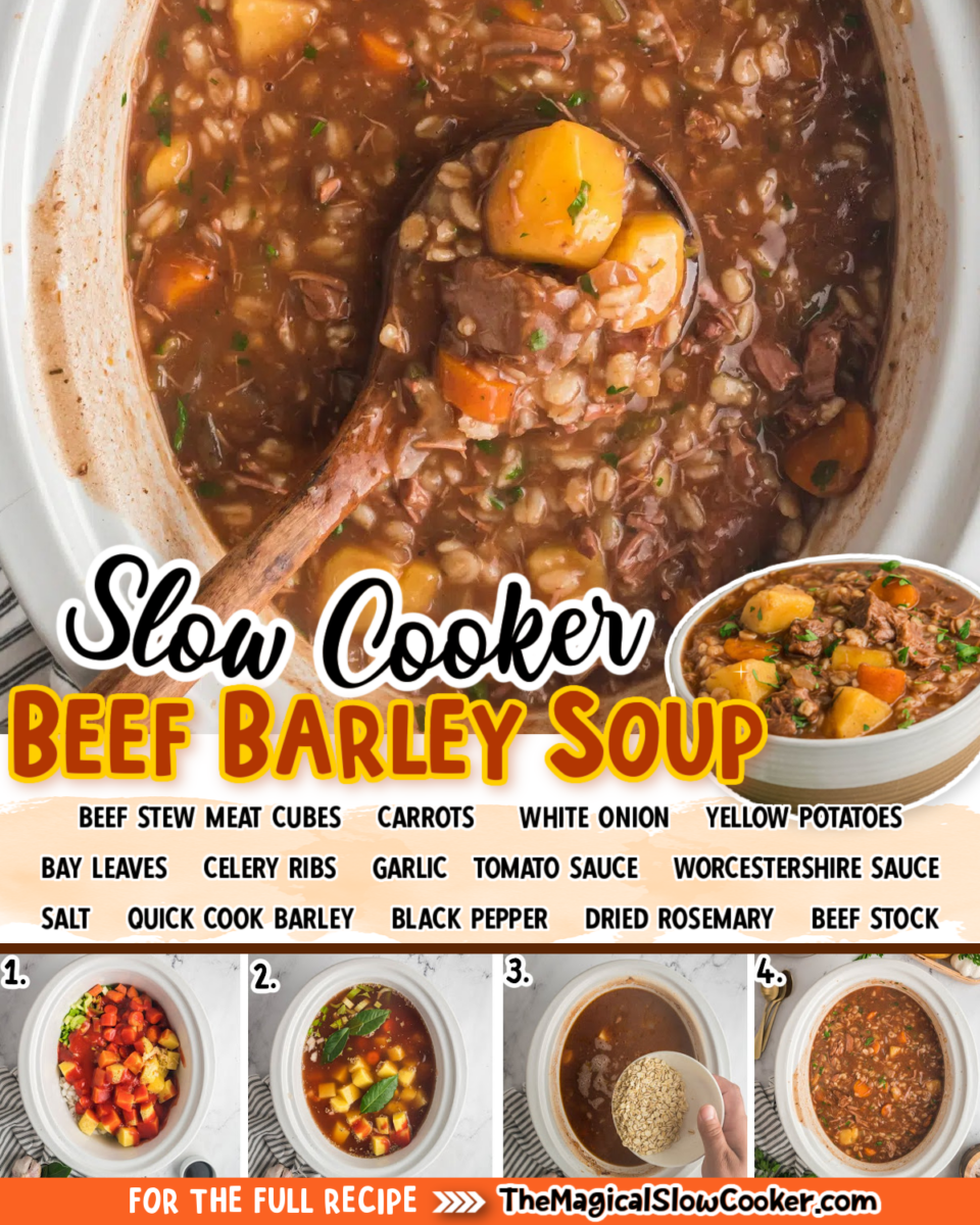 Beef barley soup images with text of what the ingredients are.