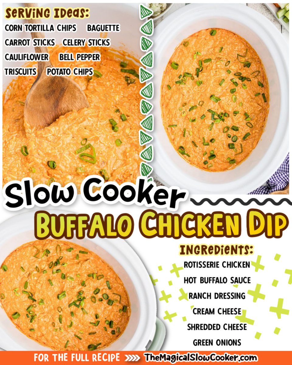 Buffalo chicken dip images with text of what the ingredients are.