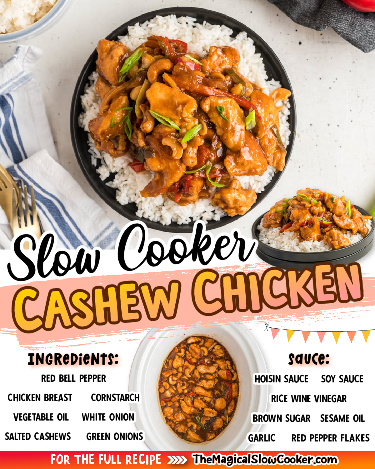Cashew chicken images with text of what the ingredients are.
