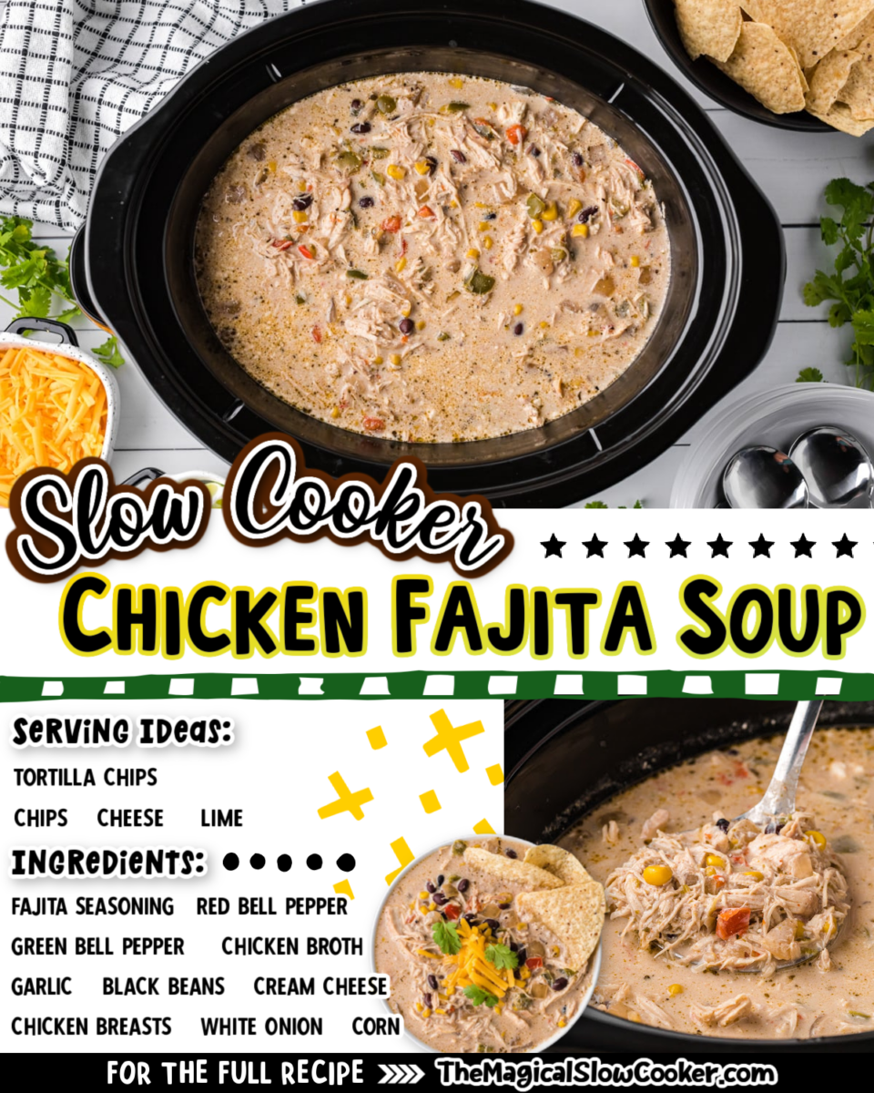 Chicken fajita soup images with text of what the ingredients are.