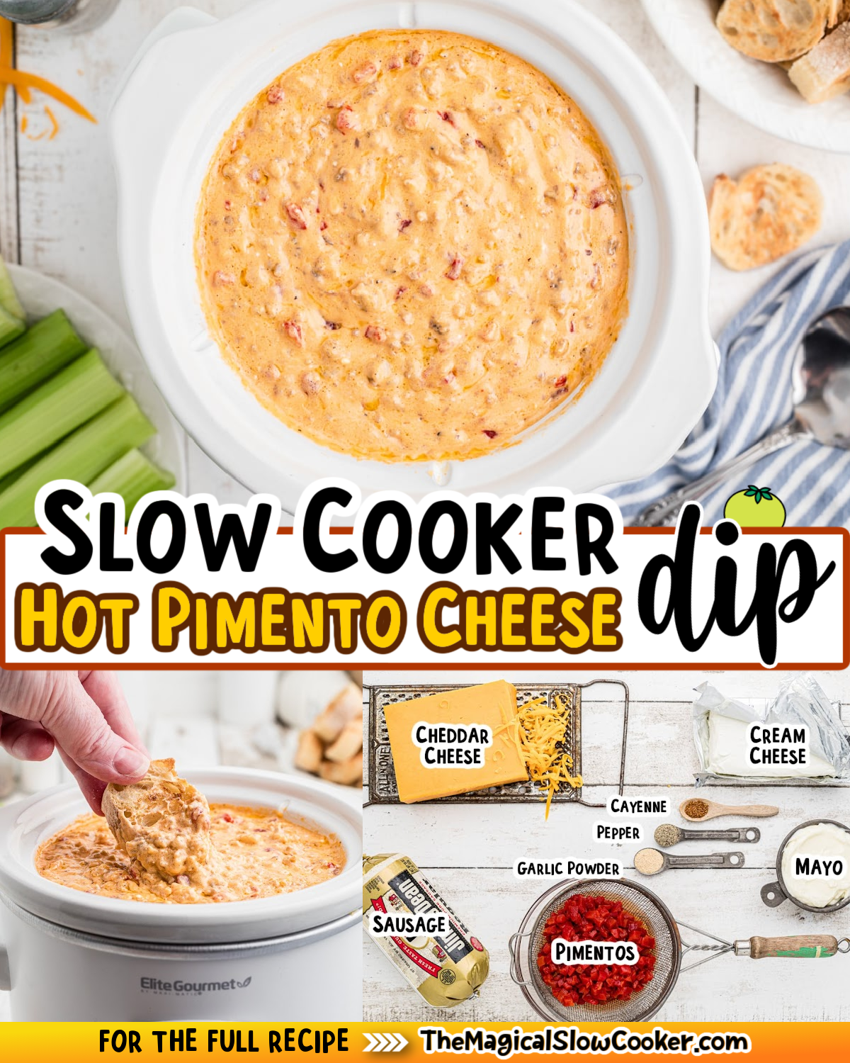 Hot pimento cheese dip images with text of what the ingredients are.