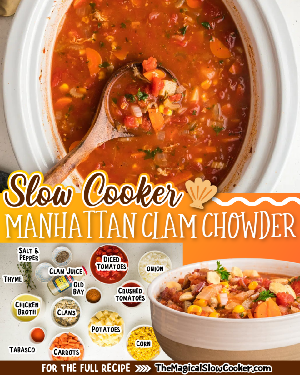 Manhattan clam chowder images with text of what the ingredients are.