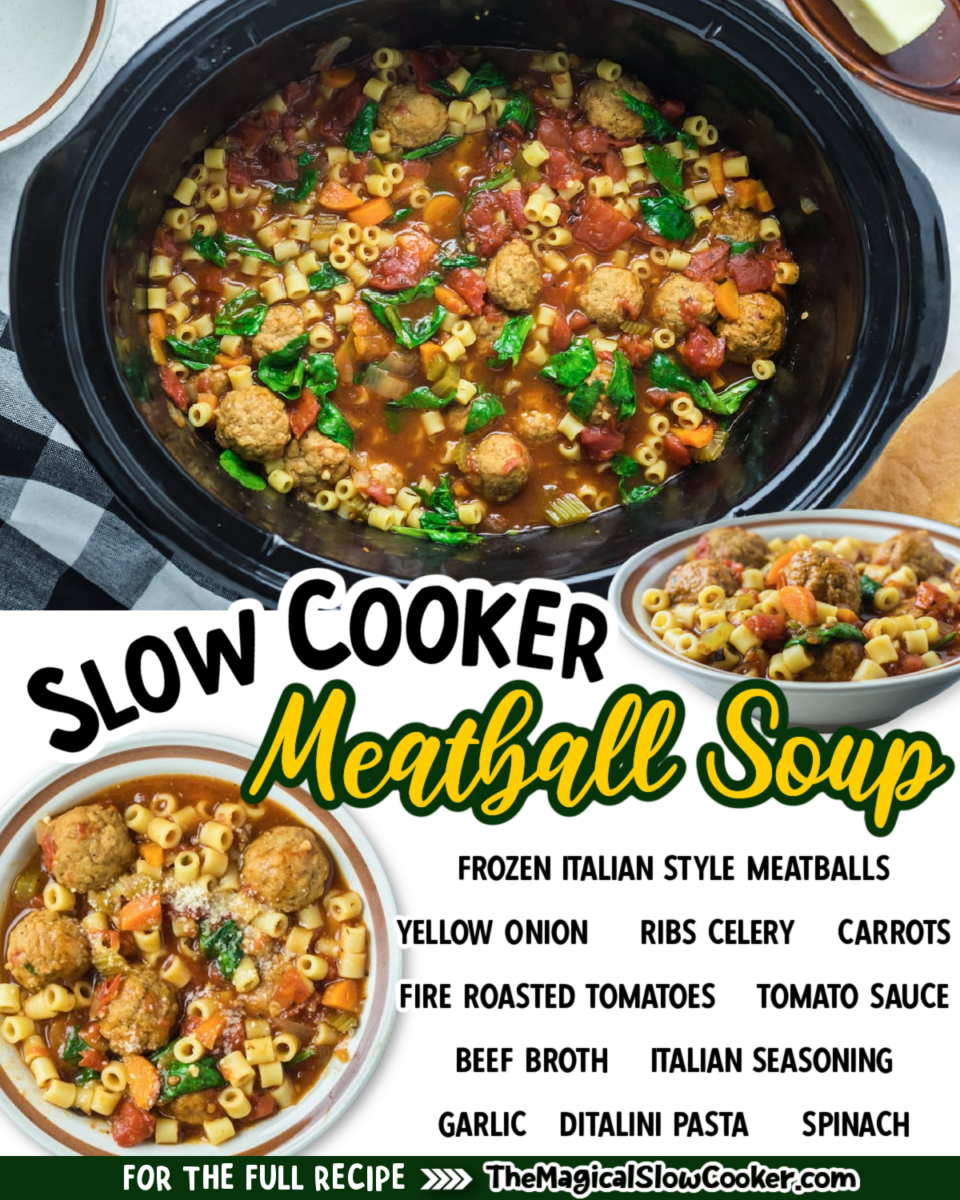 Meatball soup images with text of what the ingredients are.