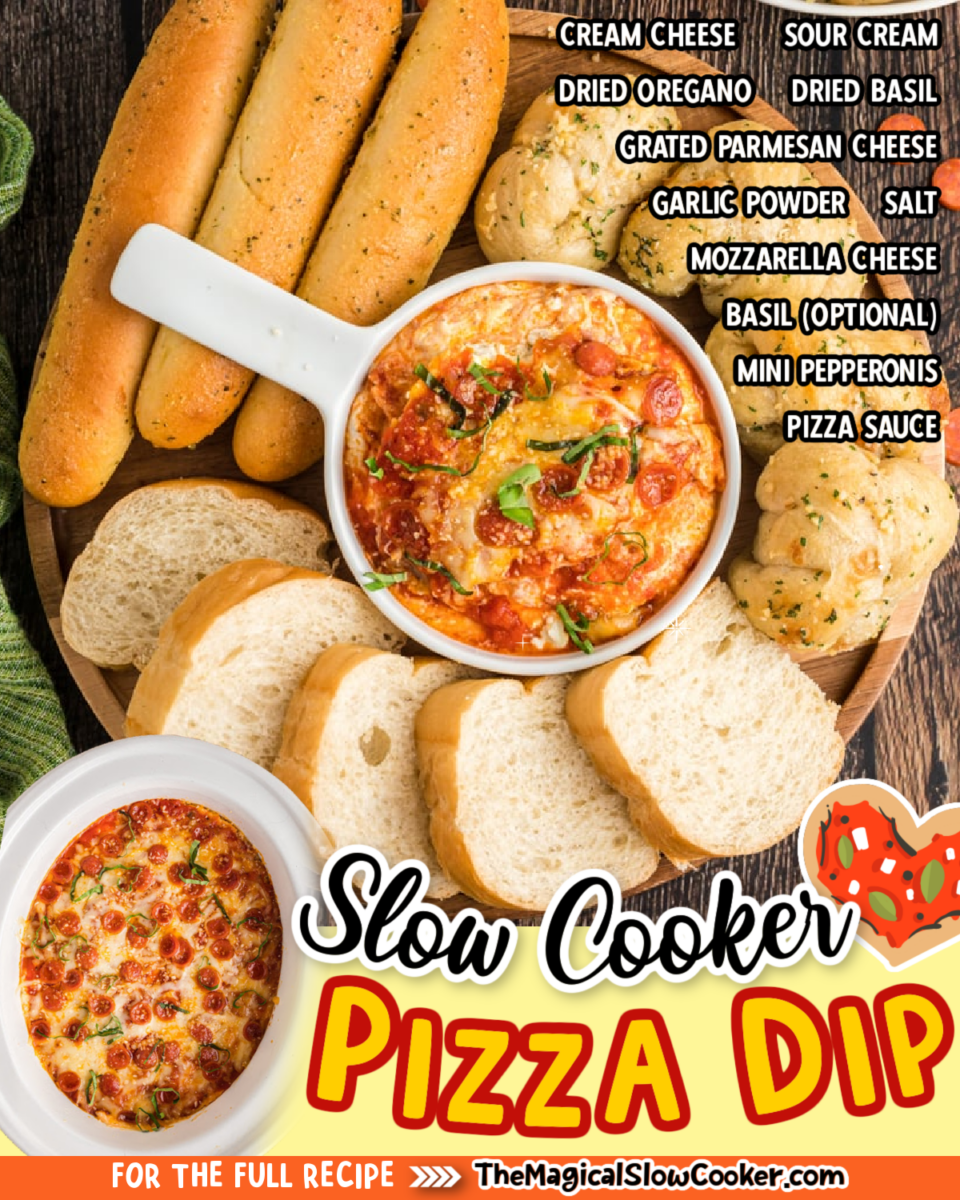 Pizza Dip images with text of what the ingredients are.