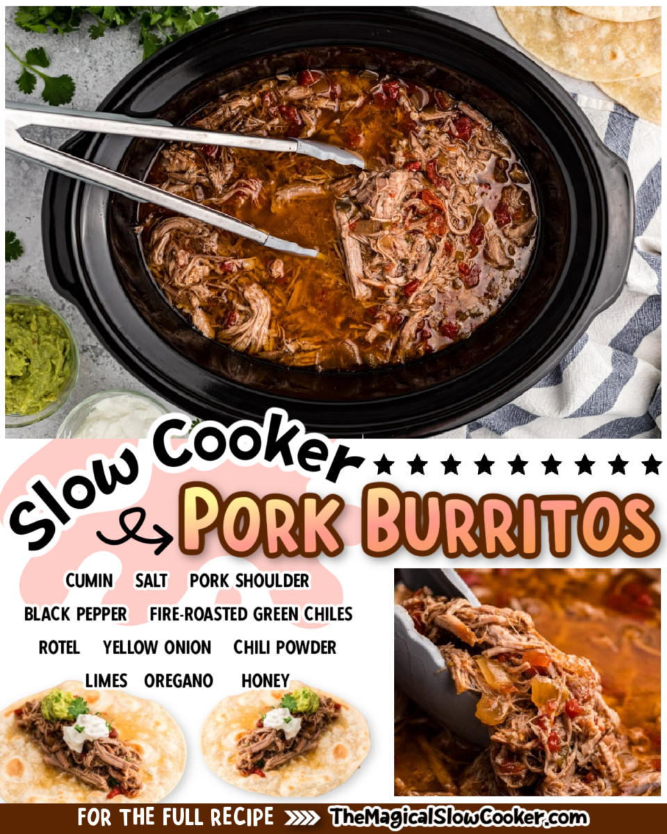 Pork burrito images with text of what the ingredients are.