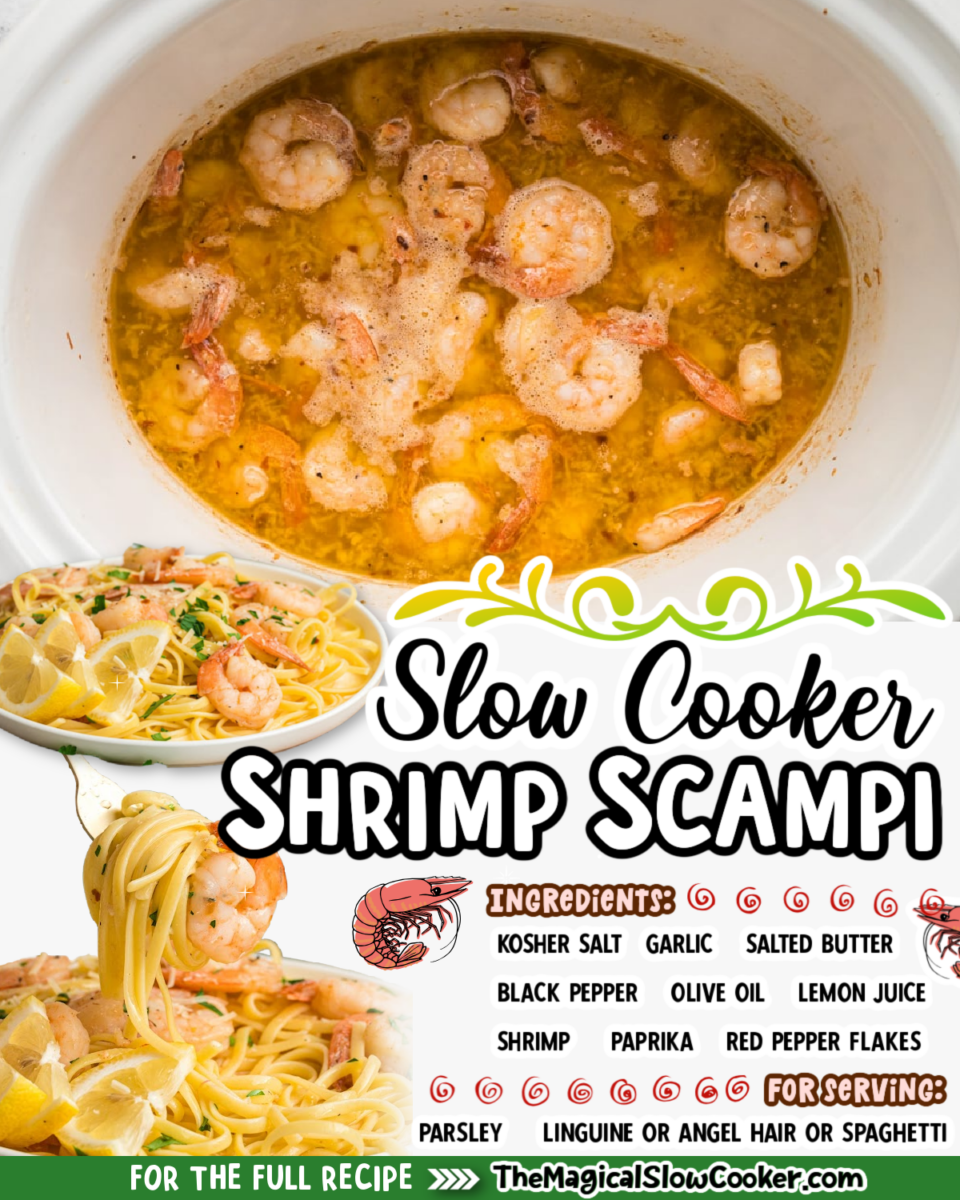 Shrimp scampi images with text of what the ingredients are.