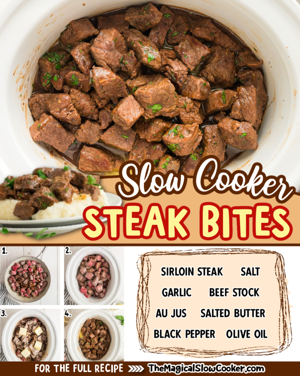 Steak bites images with text of what the ingredients are.