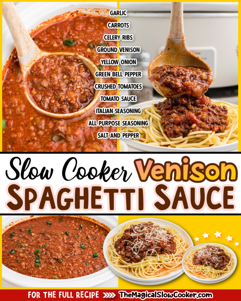 Venison Spaghetti sauce images with text of what the ingredients are.