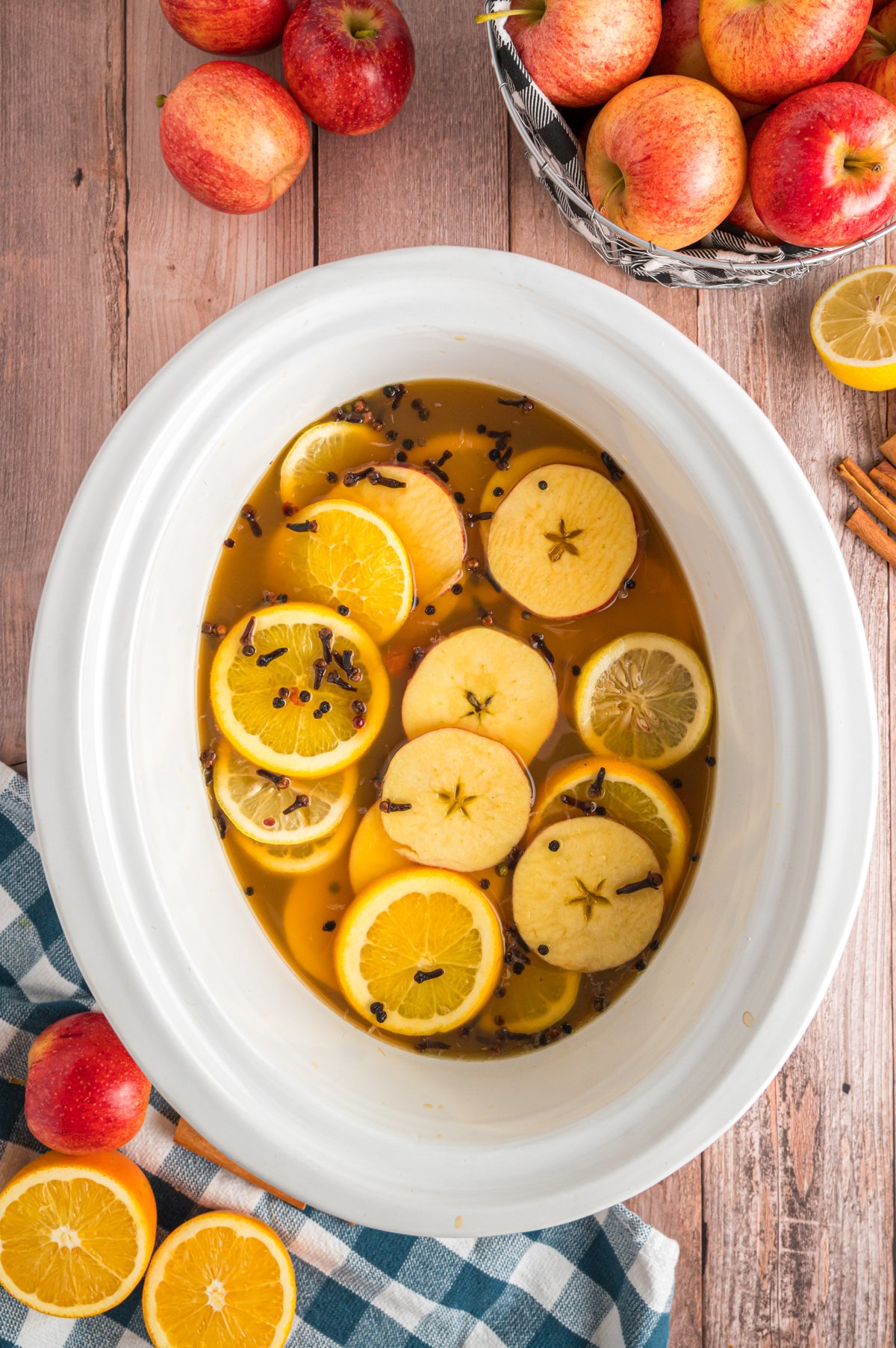 apple cider in a crockpot before cooking.