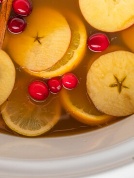 close-up of slow cooker apple cider.
