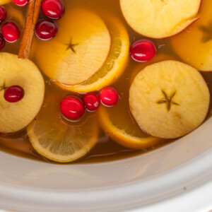 close-up of slow cooker apple cider.